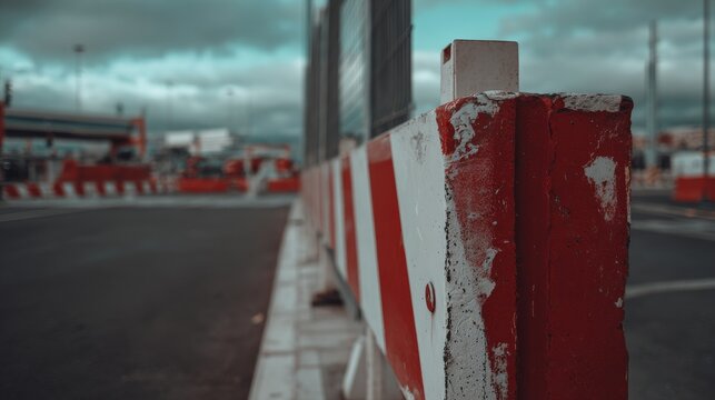 Red and white barrier standing on a road in an outdoor area, showing caution and safety concept with traffic control, warning signal and restricted access in a blurred background urban environment