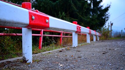Red and white barrier standing on a road in an outdoor area, showing caution and safety concept with traffic control, warning signal and restricted access in a blurred background urban environment