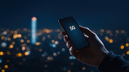 A hand holds a smartphone displaying 5G in front of a vibrant futuristic cityscape at night, symbolizing advanced network connectivity