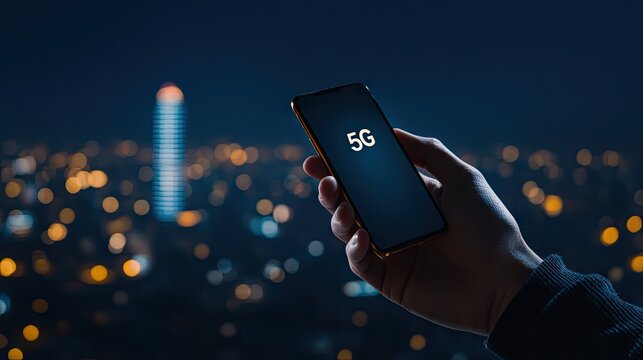 A hand holds a smartphone displaying 5G in front of a vibrant futuristic cityscape at night, symbolizing advanced network connectivity