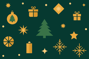 Christmas holiday seamless background vector with gift box, bow, star, snow, and tree decoration art for new year celebration design