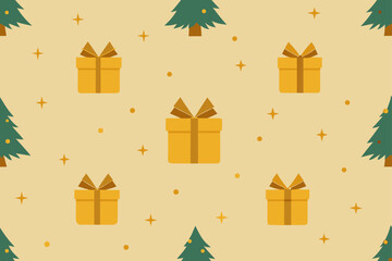 Seamless vector pattern with Christmas trees, snowflakes, and gift boxes for a festive winter holiday design