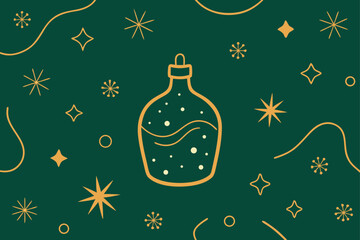 A vintage Christmas greeting card design with a champagne bottle, glass, and festive holiday celebration illustration