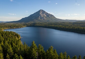 Majestic Mountain and Lake Landscape with Lush Green Forest.