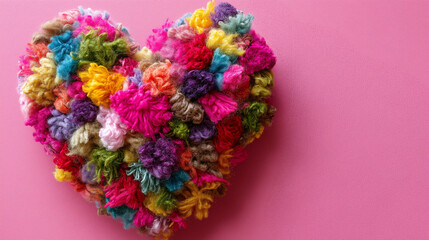 Heart shape arranged from tufted yarn next to tufting gun on colorful backdrop, handmade love, craft branding, Valentine DIY, textile art, with copy space