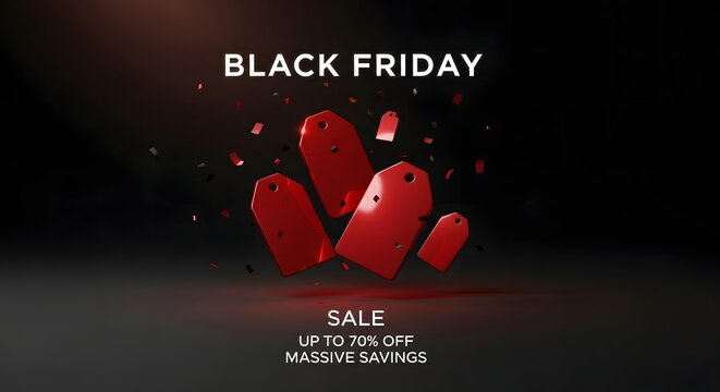 Black Friday sale promotional banner with exploding red price tags on a dark background, offering massive savings.