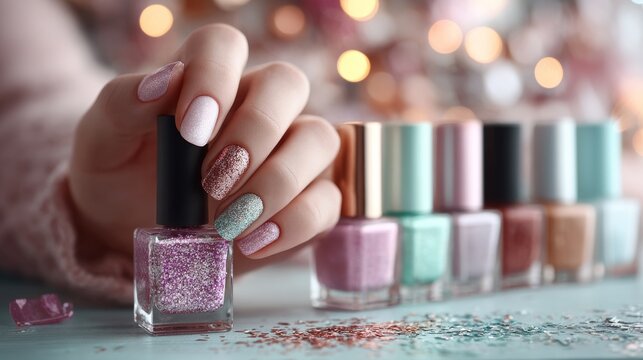 female hand with glitter nails and big set of colorful glitter nail polish on the table