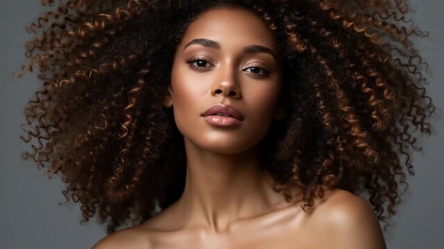 A beautiful woman of color poses, her striking eyes meeting the viewer. Her skin glows, complemented by voluminous, natural curls