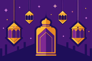 Vector illustration of a mosque architecture building at night with a symbol design