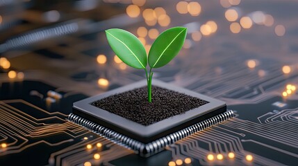A small green plant thrives on a circuit board, symbolizing the harmony between nature and technology in a digital future