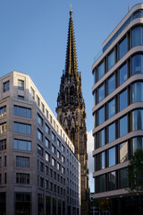 View Between Modern Office Buildings Towards St. Nicholas Church in Hamburg