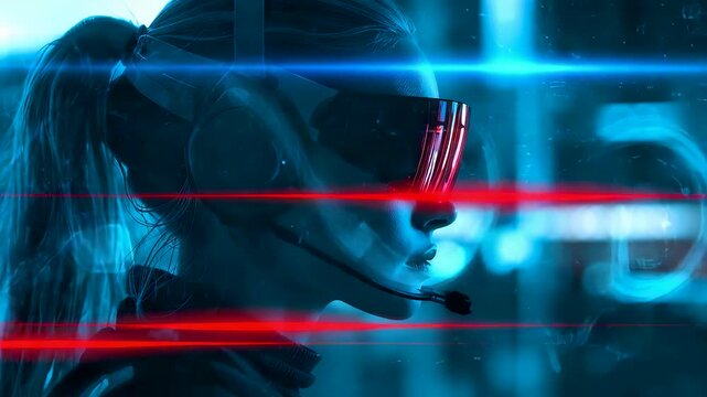 Woman in Neon Visor with Red Laser Beam Across Face and Ponytail on Blue Background