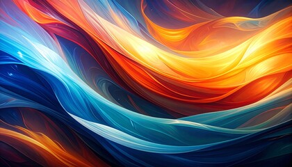 Flowing wave-like ribbons of vibrant color—blue, purple, pink, orange, yellow—against a solid black background, creating a dynamic abstract composition with smooth gradients and fluid motion.
