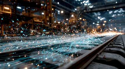 Visualization of automation strength and productivity with digital network overlay on railway track in industrial factory