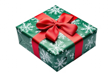 Festive green gift with red ribbon isolated on a transparent background
