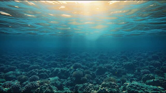 Underwater world: Immerse yourself in the tranquility of the deep ocean, where sunlight dances on the surface and illuminates a vibrant underwater world, teeming with life and mystery.