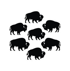 Wild Bison Group Silhouette Isolated on White Background