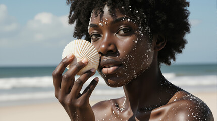 Portrait of a young Black woman with sand on her glowing skin holding a seashell. Natural beauty and skincare concept on a sunny beach.