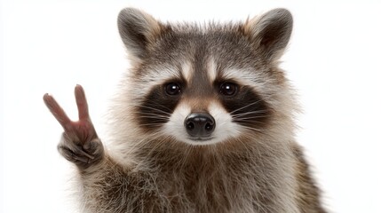 Fototapeta premium Raccoon showing peace sign in a playful and cute manner during a studio shoot