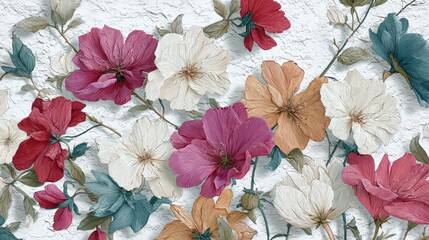 Delicate floral pattern showcasing vibrant flowers against a textured background, perfect for decorative purposes or artistic inspiration