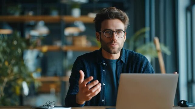 Confident male freelancer communicates online, gesturing while speaking at his desk in a stylish, sunlit office. Contemporary interior design and natural elements create a productive atmosphere
