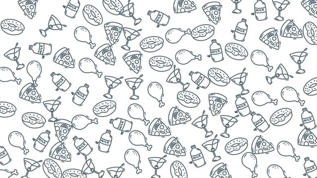 Hand-drawn pattern of fast food items scattered on a white background.