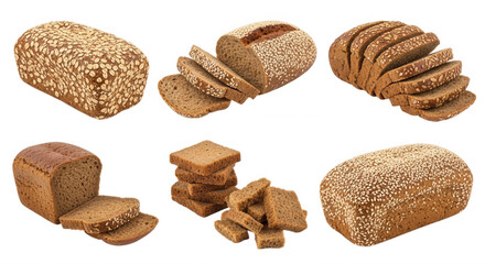 Assorted baked loaves and slices isolated on a transparent background