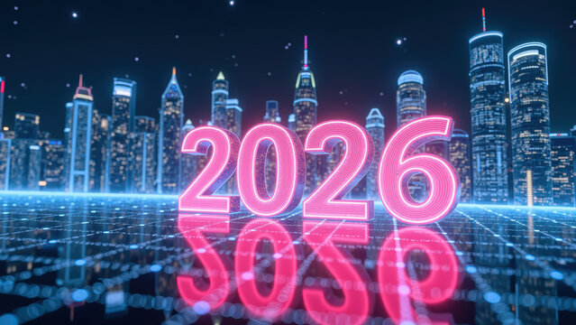 Futuristic city skyline with glowing numbers 2026 in foreground, reflecting on digital surface, symbolizes innovation and progress