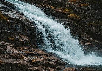 Dynamic torrent of water cascading down a rocky riverbed, creating a forceful, immersive auditory experience in the wild ,splash ,cascade ,purity