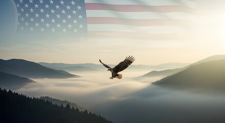 Obraz premium An American bald eagle soars over a misty mountain range with the United States flag in the background.