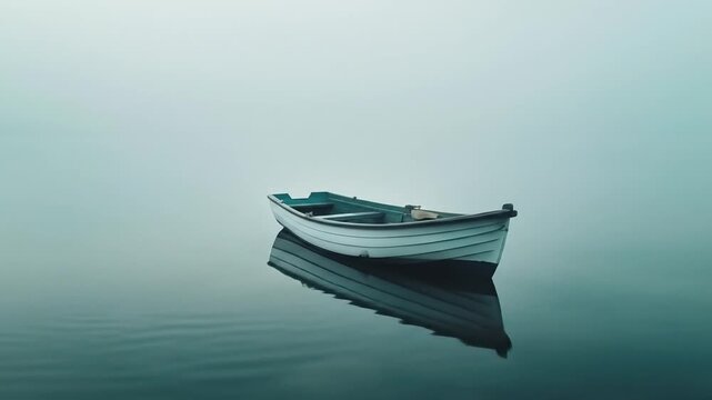 Tranquil small boat floating on perfectly still, calm water with a clear reflection, minimalist misty foggy background, serene solitude.