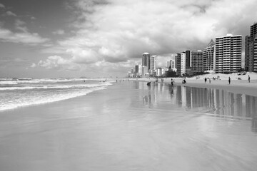 Australia beach - Gold Coast Surfers Paradise skyline. Black and white vintage style retro photo.