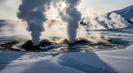 Obraz premium Geothermal hot springs erupting in snowy landscape during wintertime