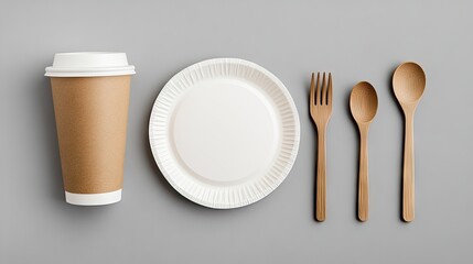 Eco-friendly dining essentials featuring paper plates, wooden cutlery, and cardboard cups for sustainable gatherings