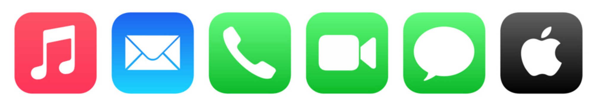 Apple App Icons Set &ndash; iOS Interface Icons Including Apple Music, Mail, Phone, FaceTime, Messages, and Apple Logo Design in Flat Style