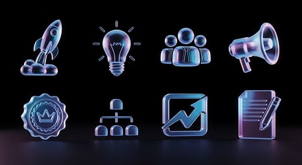 Modern 3D Business Concept Icons Set Illuminating Startup, Growth, Strategy, And Collaboration With A Dynamic Iridescent Finish