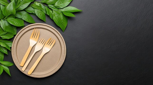 Eco-friendly rustic table setting featuring disposable paper plates and wooden cutlery for an outdoor green gathering