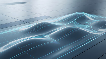Aqua Flow on Modern Tiled Surface. Luminous aqua blue liquid or energy waves flowing over a clean, modern tiled surface, representing smooth data transfer, futuristic interfaces, or clean energy 