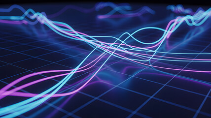 Neon Data Stream Flowing Over Grid Surface. A sleek, abstract composition of soft, flowing blue and cyan waves with a subtle gradient and reflections, evoking a sense of tranquil speed, data movement