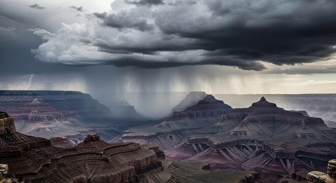 Dramatic thunderstorm over grand canyon with lightning and heavy rain