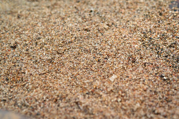 Grains of river sand. Sandy background. Blurred background around the edges. Grains of sand