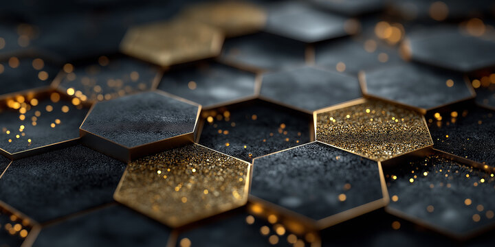 Black and gold hexagonal tiles with shimmering metallic texture  
 - Powered by Adobe