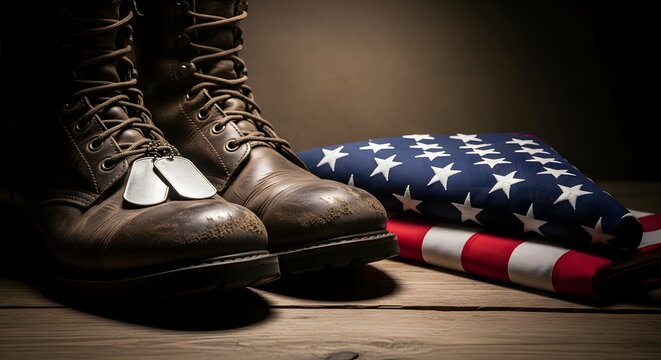 A pair of worn military combat boots with dog tags resting beside a folded American flag.