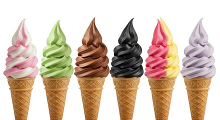 Swirled frozen desserts in cones isolated on a transparent background