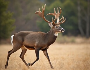 Fototapeta premium Mule deer buck walks in grassy field. Majestic male cervid with large antlers steps through dry meadow. Wild animal in natural habitat, autumn woodland background. Doe.
