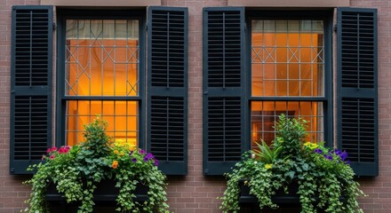 Charming urban windows with black shutters and colorful flower boxes at dusk