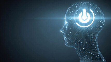 Obraz premium Digital human head with circuit on power button element into a head. Abstract AI robot with HUD bright neon light element as Power On button.