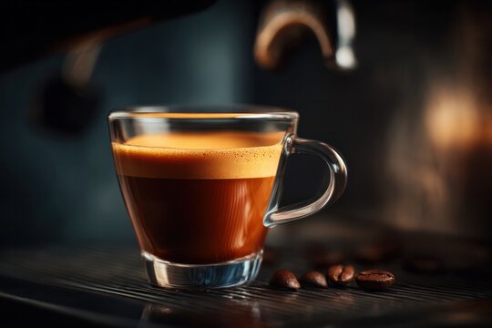 Crafting perfect espresso in a cozy urban coffee shop close-up beverage photography showcasing skillful brewing and warm ambiance