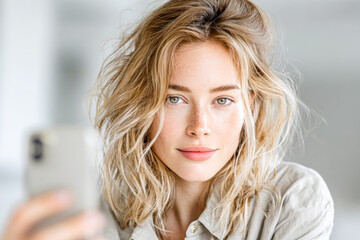 Fototapeta premium Natural beauty portrait of young woman taking selfie on smartphone in bright soft daylight interior