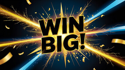 Explosive Win Big Message with Golden Confetti and Bright Light Beams winning success